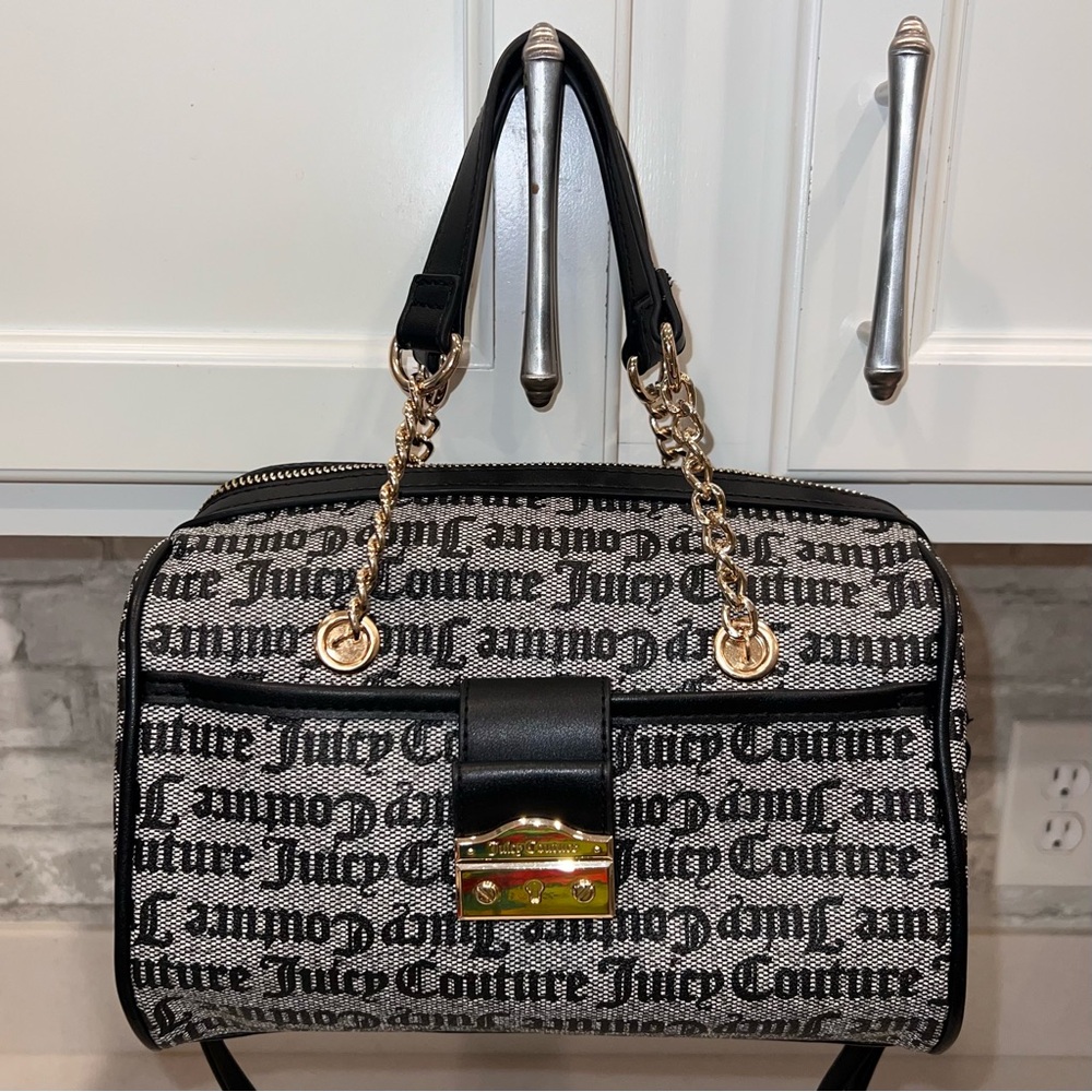 Juicy Couture Pop That Lock Satchel Black Gothic Logo Bag Gold Chain Crossbody